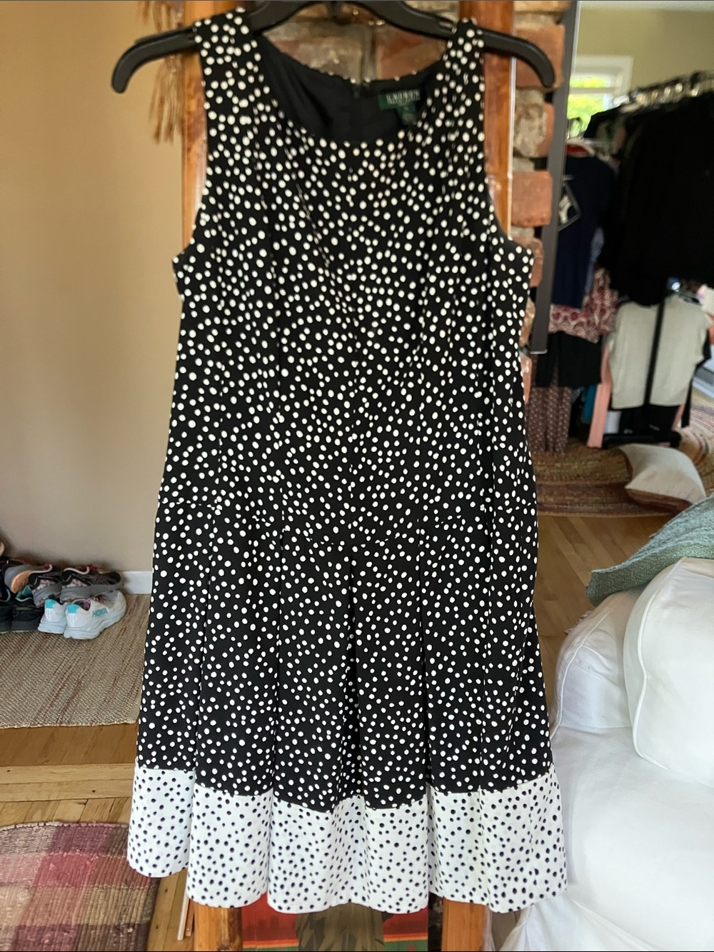Lauren Ralph Lauren Black/Cream Polka Dot Inverse Border Print Sleeveless Dress